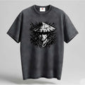 Black t-shirt with a graphic design of a person wearing a conical hat on a gray background