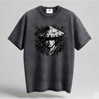 Black t-shirt with a graphic design of a person wearing a conical hat on a gray background