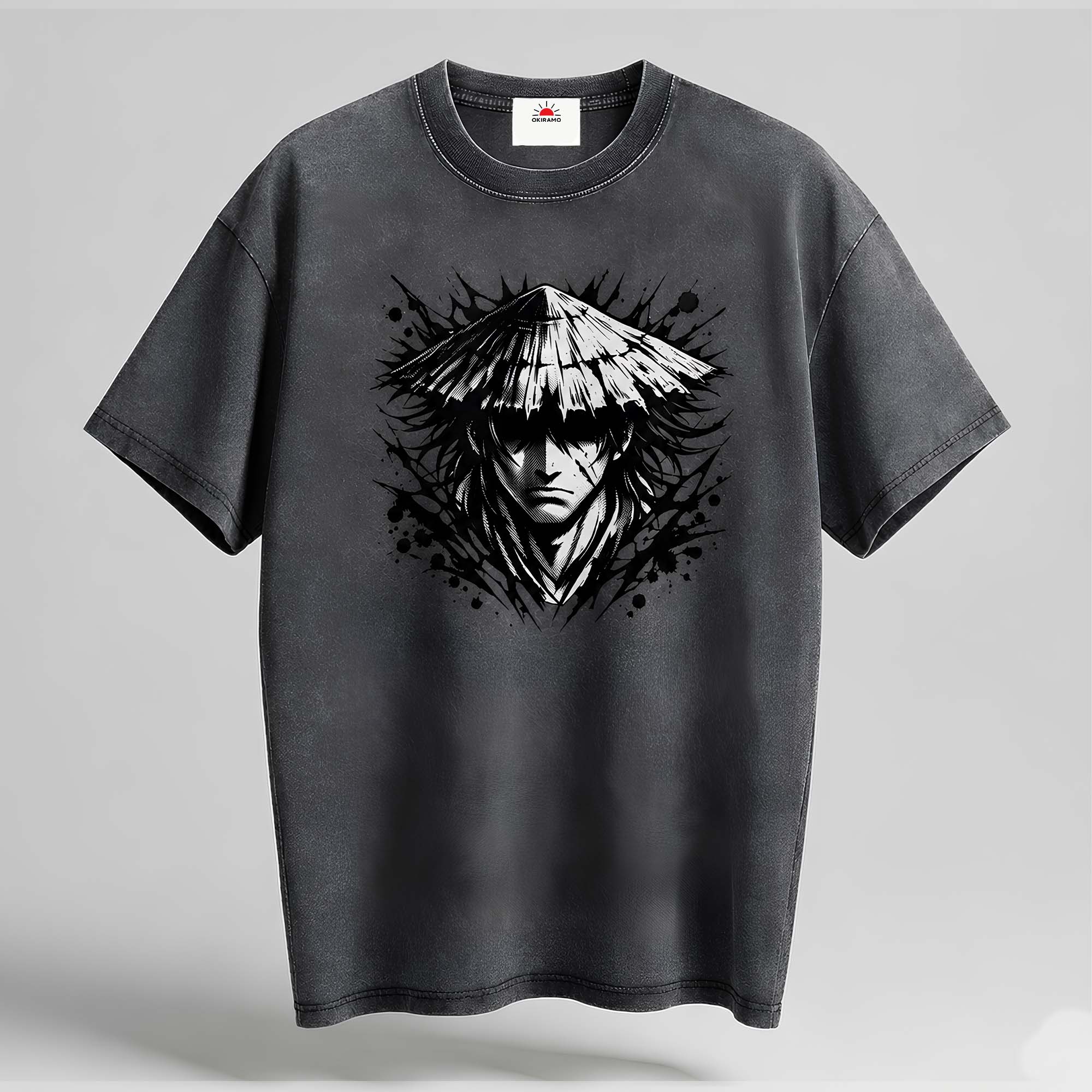 Black t-shirt with a graphic design of a person wearing a conical hat on a gray background