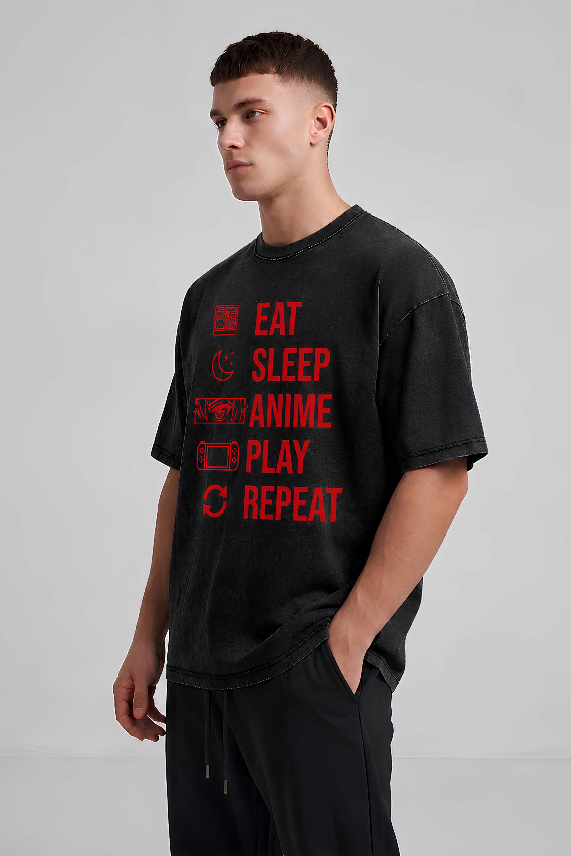 EAT SLEEP ANIME PLAY REPEAT Oversized Cotton T-Shirt