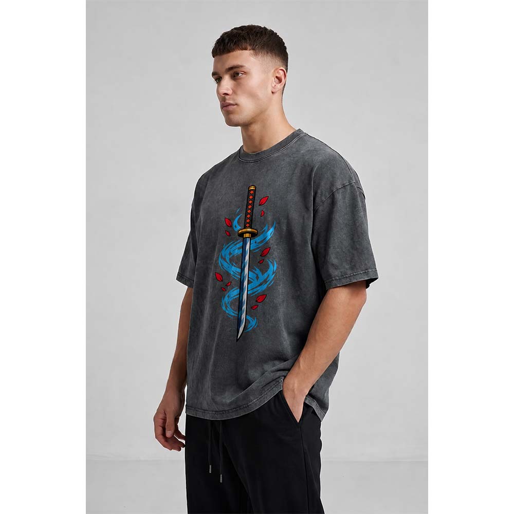 Katana & Water Oversized Cotton T-Shirt