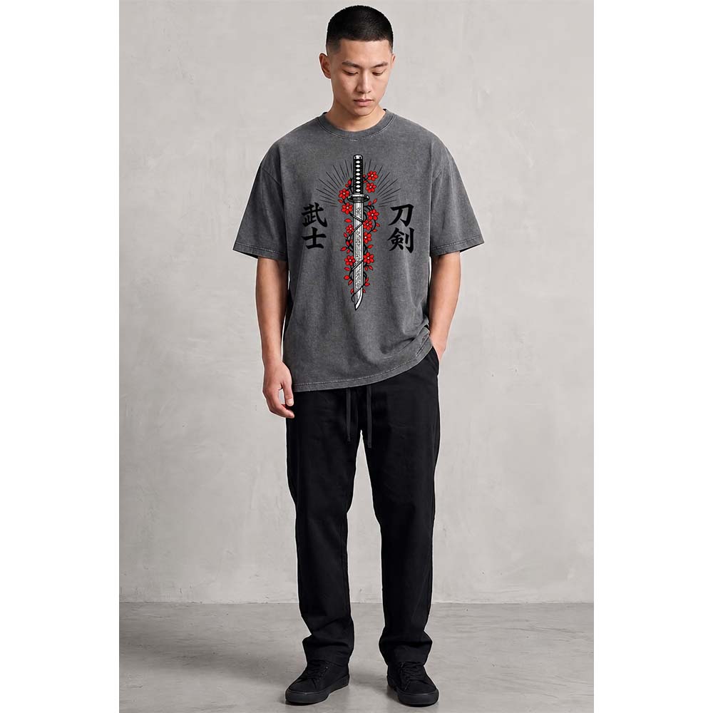 Katana & Cherry Oversized Cotton T-Shirt