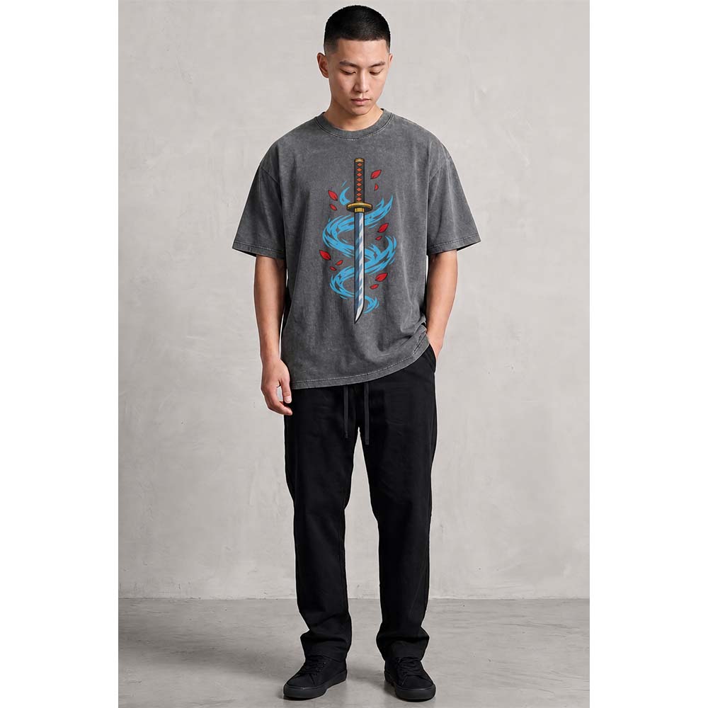 Katana & Water Oversized Cotton T-Shirt
