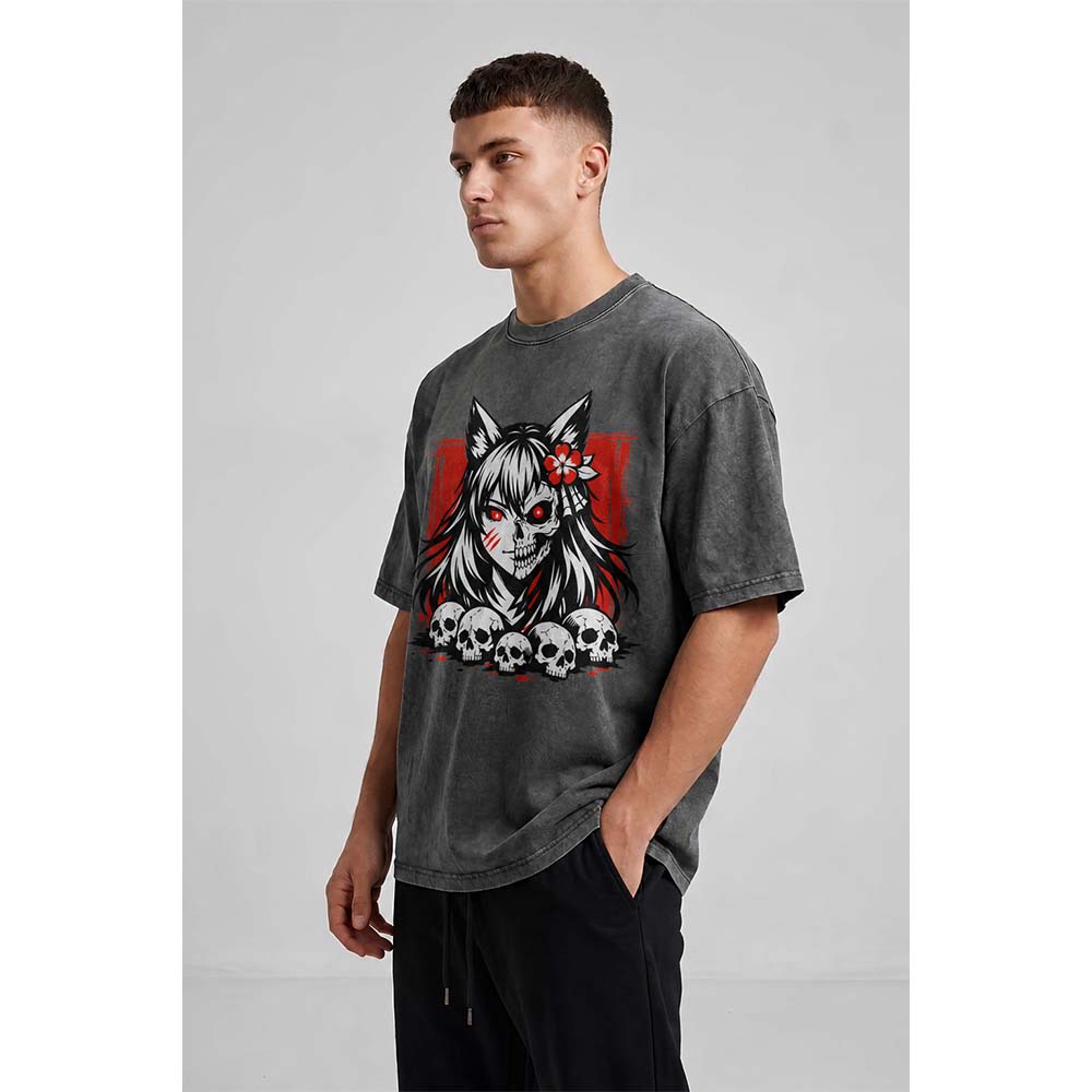 Kitsune Skull Oversized Cotton T-Shirt
