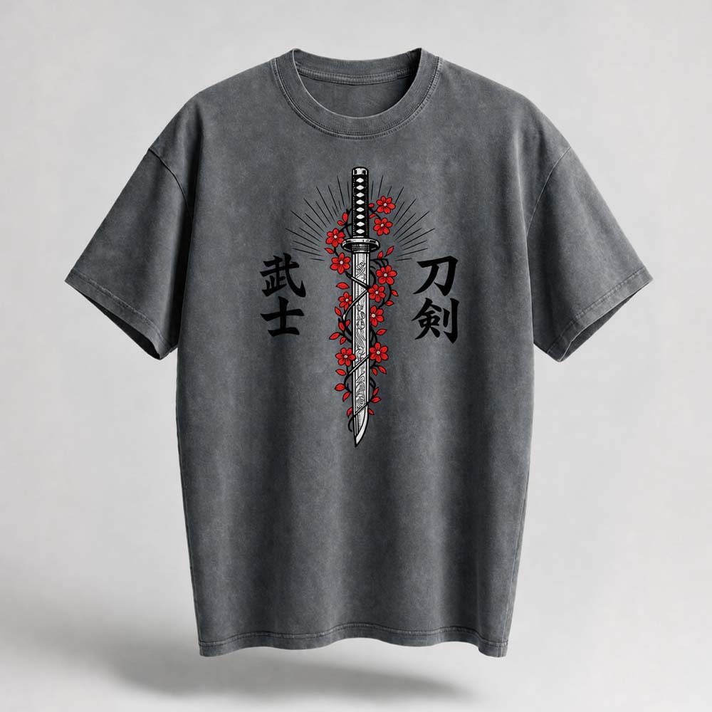 Katana & Cherry Oversized Cotton T-Shirt